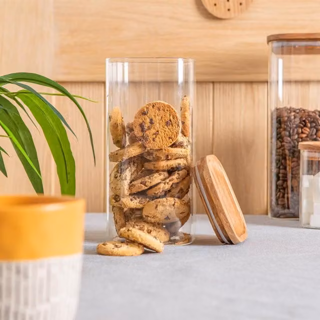Argon Tableware Square Glass Storage Jar with Wooden Lid, Clear and White, 1.5l, Pack of 6