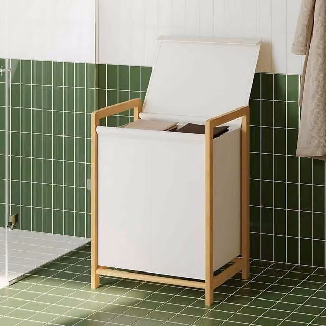 The Bazaarist 2 Compartment Bamboo Laundry Hamper with Lid and Removable Bags in White