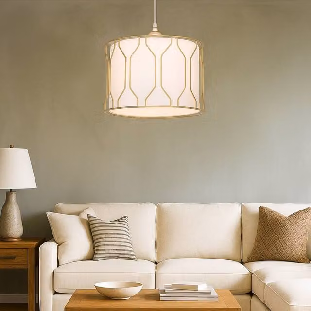 Lighting Collection Art Deco Drum Shade in White with Gold Cage Details