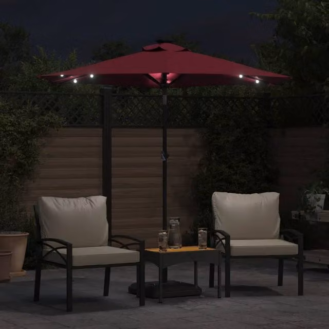 Berkfield Home Garden Parasol with LEDs and Steel Pole, Red, W/D/H: 225 x 225 x 212 cm