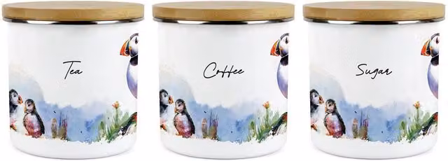 Purely Home Puffins on the Rocks Large Kitchen Canister Set of 3, White Ceramic and Enamel