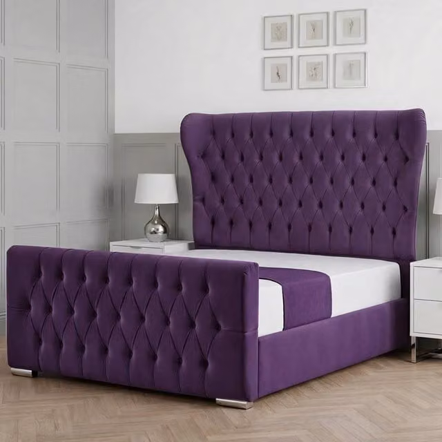 Living Comfort Bedz Velvetine Plush Velvet Upholstered Bed with Slatted Base and 48 Inch Headboard in Purple, Single Size