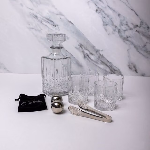 BarCraft 8-Piece Bar Tool Set with Glass Decanter, 4 Tumbler Glasses, Ice Balls, Tongs and Bag in Clear