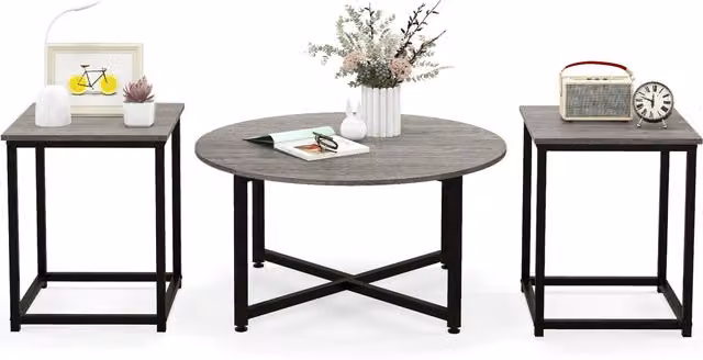 COSTWAY Grey Round Sofa Side Table with 2 Square Metal End Tables