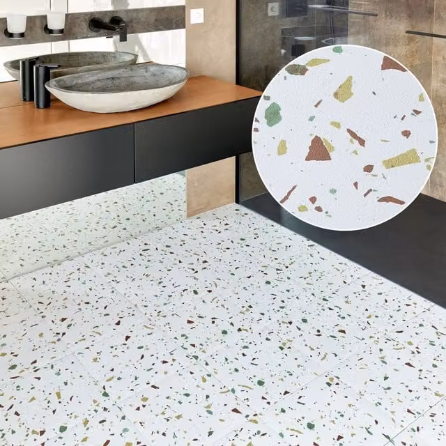 NOVECRAFTO Self Adhesive Terrazzo Effect Vinyl Floor Tiles, White, W/D: 30.5 x 30.5 cm, Pack of 50
