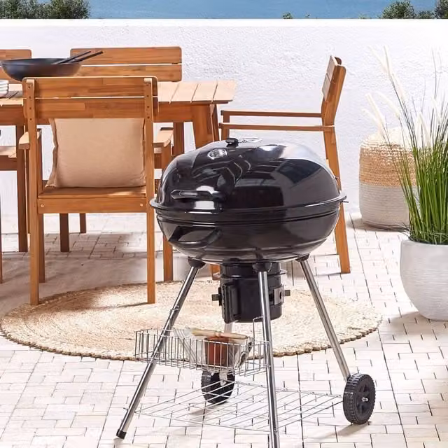 Wyld and Coco Black Steel Charcoal BBQ Grill with Lid, Warming Rack, Thermometer and Wheels, W/D/H: 59.0 x 92.0 x 59.0 cm