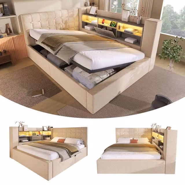 Matteo Upholstered Double Daybed in Beige with Hydraulic Storage and USB Charging Port, W/D/H: 140 x 200 cm
