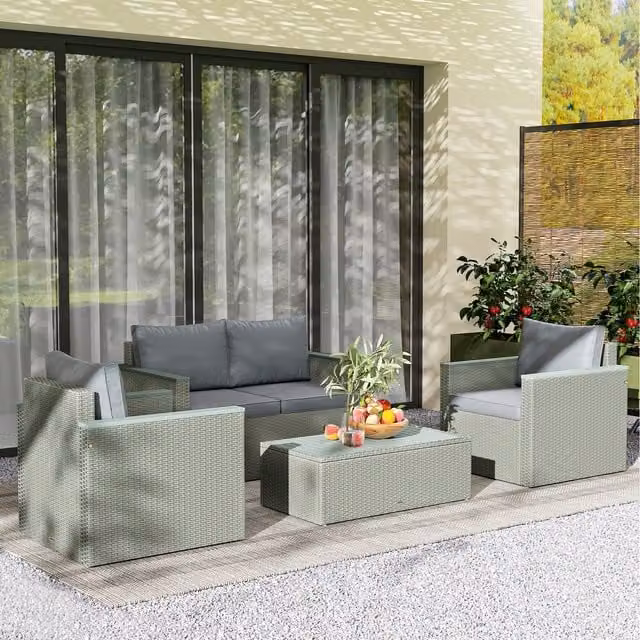 Outsunny 4 Piece Grey Polyrattan Garden Furniture Set with Upholstered Cushions