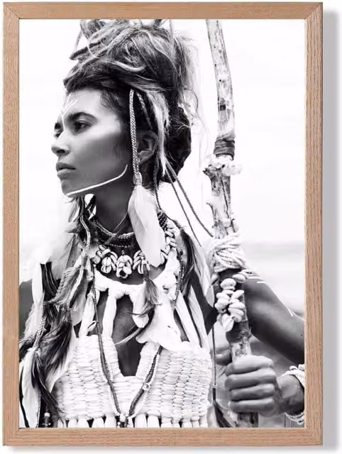 ARTZE Warrior Woman Black and White Photo Framed Print with Oak Frame, Size: A4