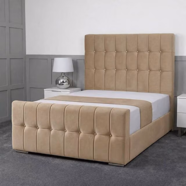 Living Comfort Bedz Belmont Plush Velvet Upholstered Bed with Slatted Base and 48 Inch Headboard in Beige, Single Size