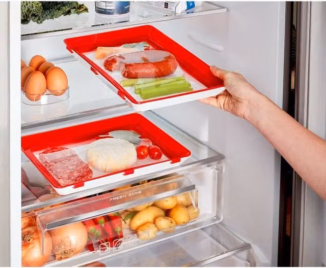mysmartbuy Set of 4 Airtight Silicone Vacuum Seal Food Storage Trays, White and Red, H: 3 cm, W: 30 cm, D: 23 cm