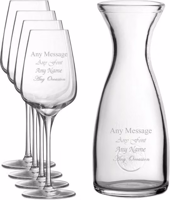 Uniqueful Personalised Engraved Set of 4 Wine Glasses and 1 Litre Carafe in Clear Glass