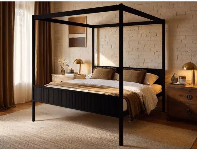 Flair Maddy 4 Poster Canopy Bed in Black, Solid Pine Wood, W/D/H: 200 x 200 cm