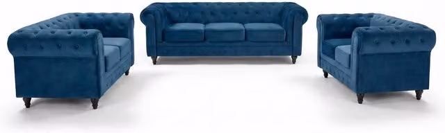 Bravich Chesterfield Scroll Arm Velvet Sofa in Blue, 6 Seater
