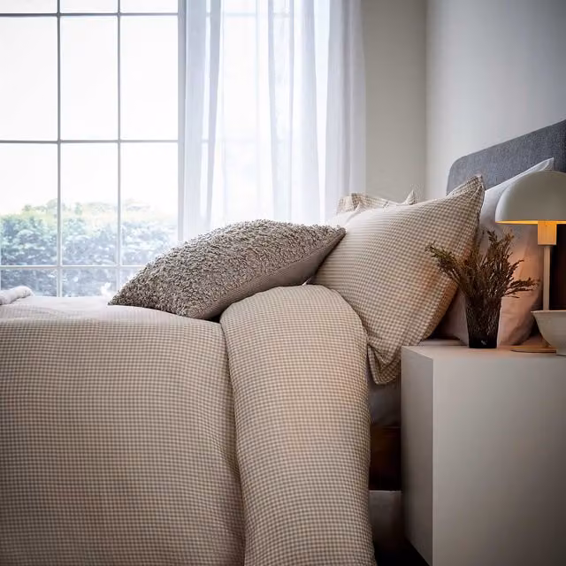 Murmur Alia Beige Checked Linen and Cotton Kingsize Duvet Cover Set, W: 180 cm, L: 200 cm