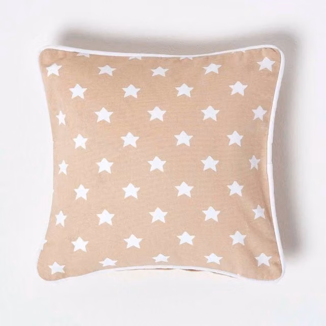 Homescapes Cotton Stars Square Cushion Cover in Beige and Brown, W/D/H: 30 x 30 x 30 cm