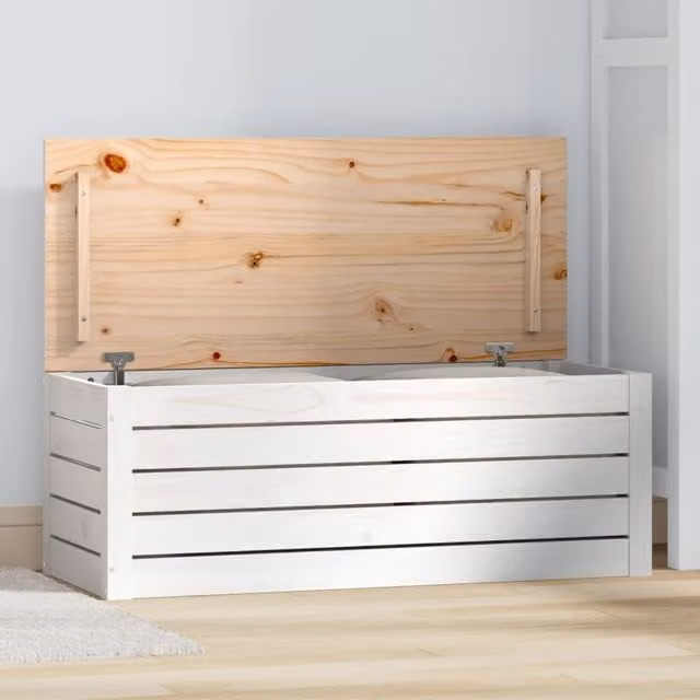 Berkfield White Solid Wood Pine Storage Box W/D/H: 89 x 36.5 x 33 cm