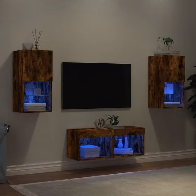 Berkfield Home 4 Piece Smoked Oak TV Wall Cabinets with Integrated LED Lighting in Brown