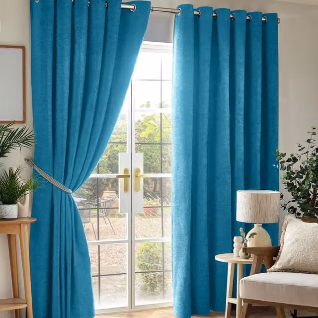 Livinluxury Petrol Chenille Blackout Eyelet Curtains, W: 168 cm, H: 229 cm