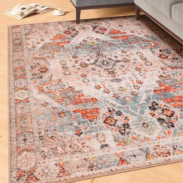 Kukoon Oriental Medallion Machine Washable Area Rug in Beige and Multicolour, W: 160 cm, L: 230 cm