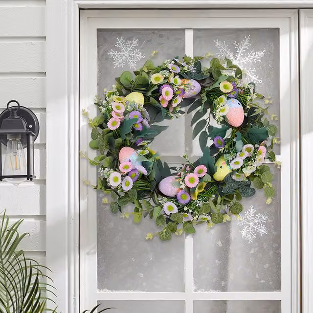 Livingandhome Round Floral Easter Wreath with Eucalyptus Leaves in Green, Yellow and Multicolour