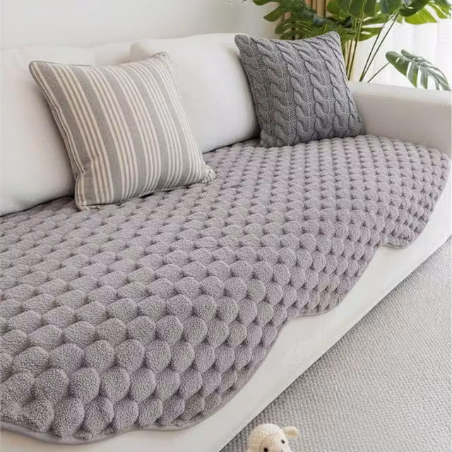 Livingandhome Luxury Thick Faux Plush Non-Slip Sofa Protector Cover, Grey, Width: 240 cm, Depth: 90 cm