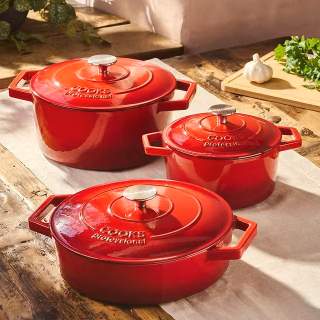 Cooks Professional Set of 3 Red Enamelled Cast Iron Casserole Dishes with Lids
