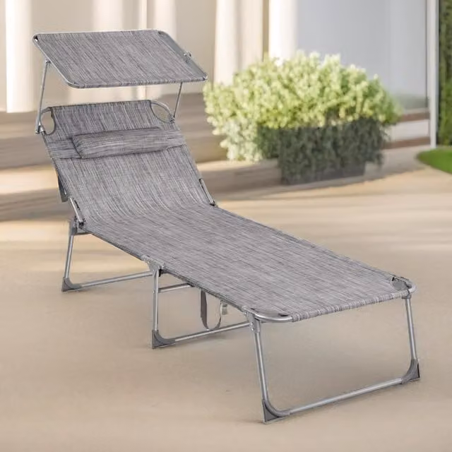 FURNOS Folding Sun Lounger for Garden in Grey with Sun Canopy and Adjustable Headrest