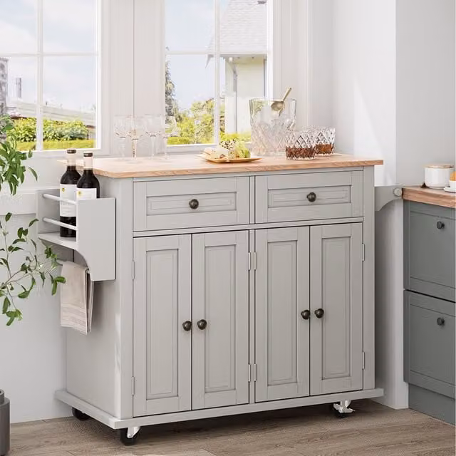 Komore Classic Wooden Kitchen Cart with Storage Cabinet in Grey