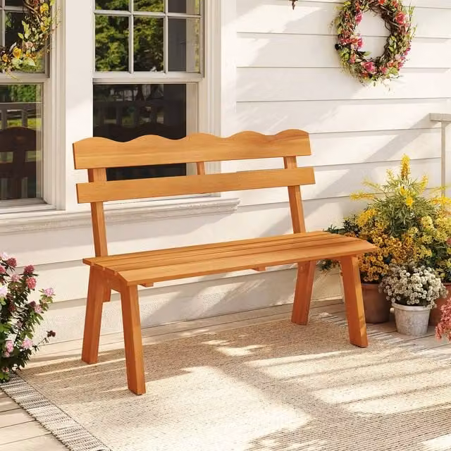 Costway 2-Person Outdoor Acacia Wood Garden Bench with Backrest and Armrests in Brown