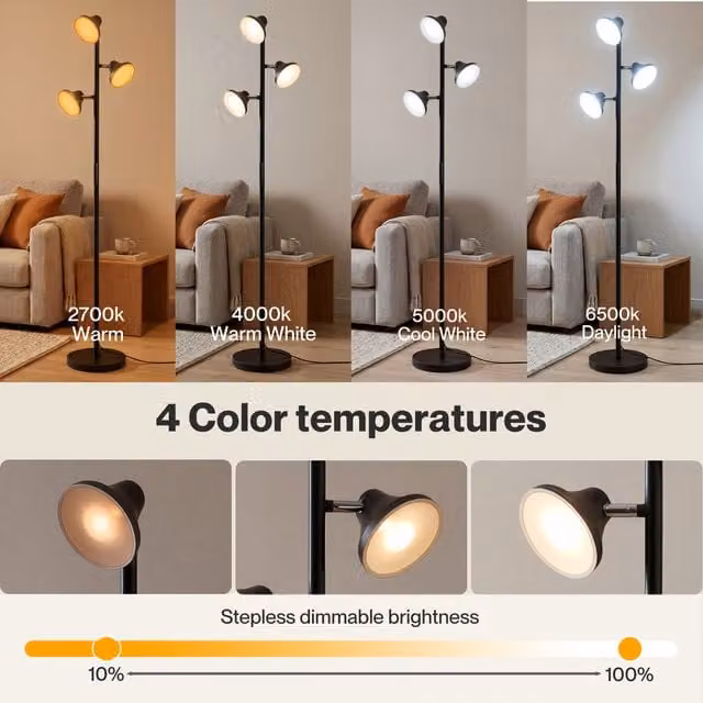 Emitto Black 3-Head LED Floor Lamp with Remote Control, Dimmable and Adjustable Reading Light