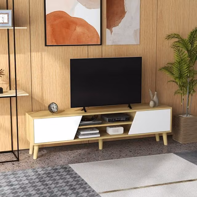 HOMCOM Scandinavian Style TV Unit Cabinet with Media Compartments in Oak and White
