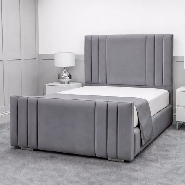 Living Comfort Bedz Canberra King Size Plush Velvet Upholstered Bed with Slatted Base and 48 Inch Headboard in Grey