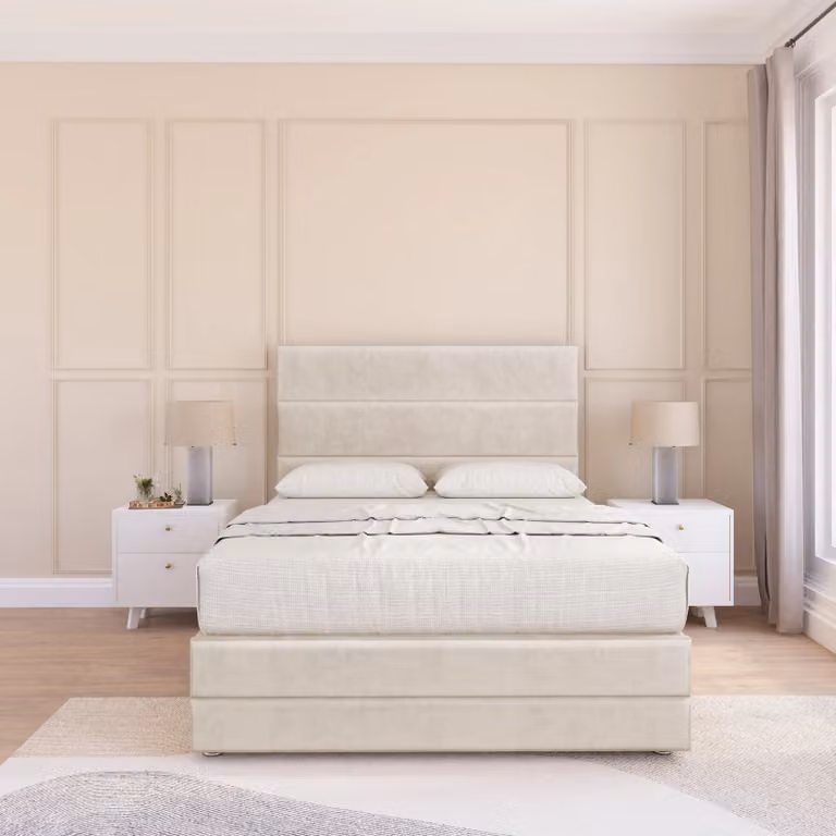 Sloomy Monaco Upholstered Bed Frame with Headboard in Beige, W/D/H: 200 x 200 cm