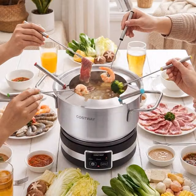 Costway 1200W Electric Fondue Pot Set with Adjustable Thermostat and Stainless Steel Pot in Silver