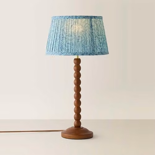 ValueLights Bobbin Leaf Printed Pleated Shade Table Lamp in Blue and Walnut