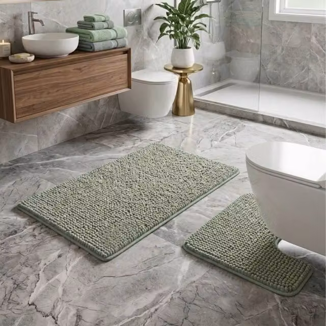 Snug City 2-Piece Chenille Loop Bath Mat and WC Pedestal Mat Set in Green, W: 50 cm x L: 80 cm