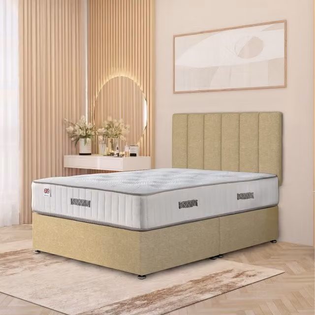 Somnior Beds Ltd Austin Linen Fabric Storage Divan Bed with Hybrid Orthopaedic Mattress and 32 inch Headboard, Beige, W/D/H: 90 x 200 cm