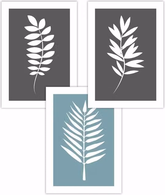 ARTZE Set of 3 Grey and Blue Botanical Graphic Leaf Art Posters, W: 30 cm, H: 42 cm