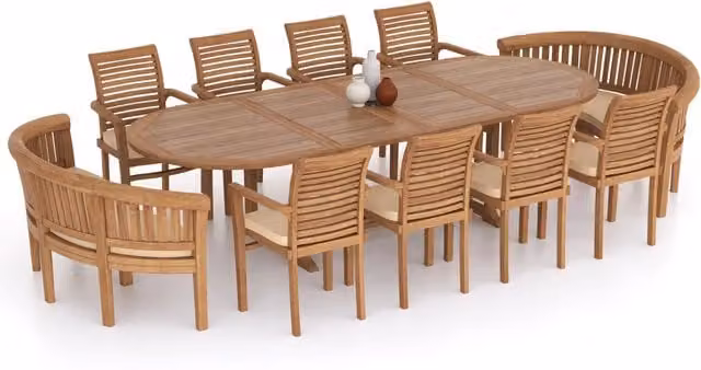 Eterna Athens Teak Garden Dining Table and 11 Seat Chair Set with Green Cushions