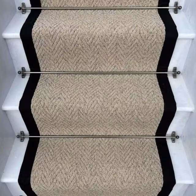 RainbowHome Herringbone Beige Biscotti Stair Runner with Black Cotton Border, W: 70 cm, L: 600 cm