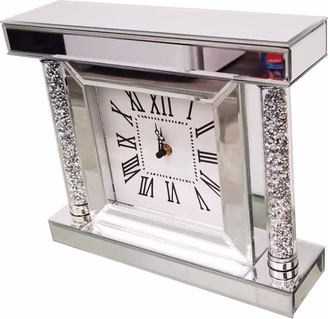 DEENZ Silver Modern Rectangular Quartz Tabletop Wall Clock with Roman Numerals and Diamante Pillars