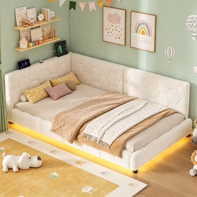 Matteo Modern Upholstered Single Boucle Bed Frame in Beige with USB Charging Port and Under-bed Lighting, W/D/H: 90 x 190 cm