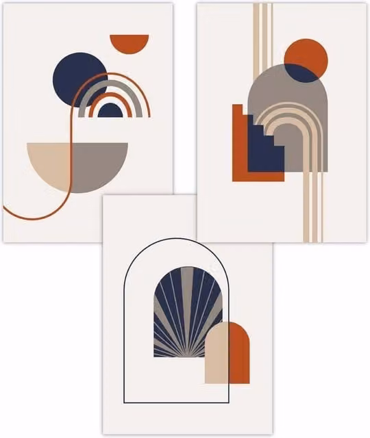 ARTZE Set of 3 Mid Century Abstract Geometric Arches Wall Art Posters in Terracotta, Beige and Navy Blue, W: 50 cm, H: 70 cm
