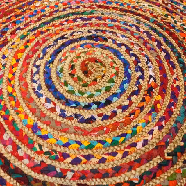 KDMK Round Ethnic Multicolour Jute and Recycled Cotton Rug