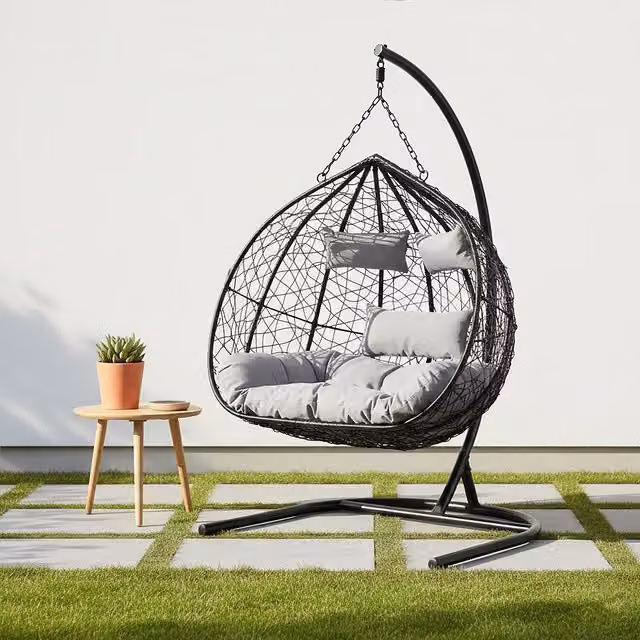 Interiors by Premier Goa Black Rattan Effect Double Hanging Chair with Cushions