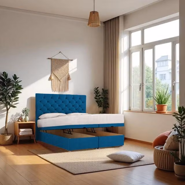 Knight Sleep Athens Super King End Opening Ottoman Bed with Hybrid Mattress and 24 inch Headboard in Navy Blue