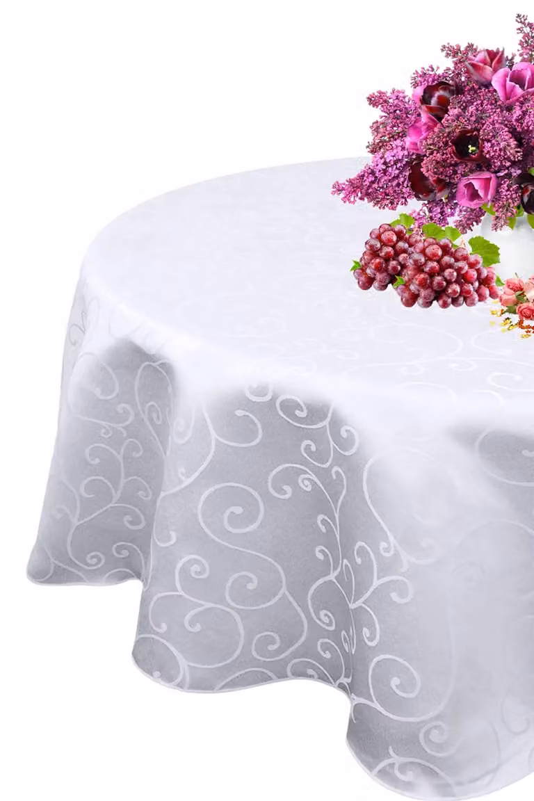Neel Blue 5-Piece Round Damask Tablecloth Set in White and Blue with Swirl Pattern, Diameter: 228.6 cm