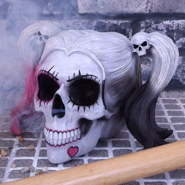 Nemesis Now Little Monster Pigtailed Troublemaker Skull in White, Pink and Black, Height: 20.6 cm