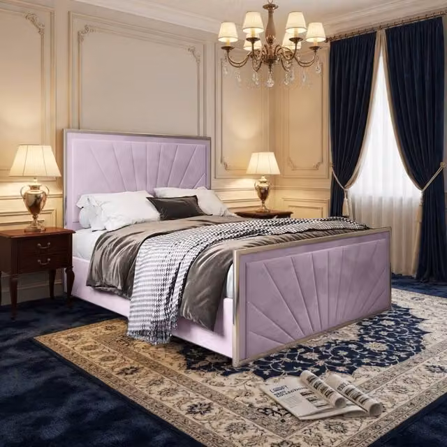 KDMD Thornhill Upholstered Soft Velvet Pink Metal Designer Bed Frame, W/D/H: 120 x 137 x 128 cm
